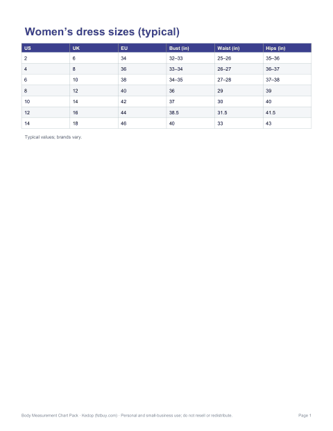 Preview of the first page of Size reference (PDF)