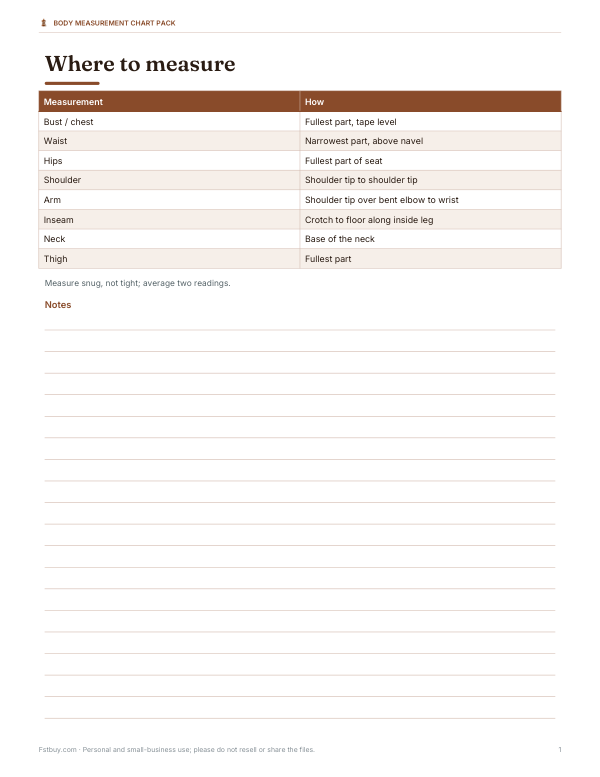Preview of Printable Body Measurement Chart