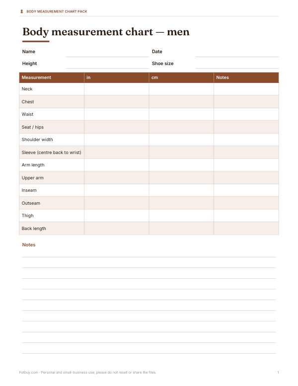 Preview of Printable Men’s Body Measurement Chart