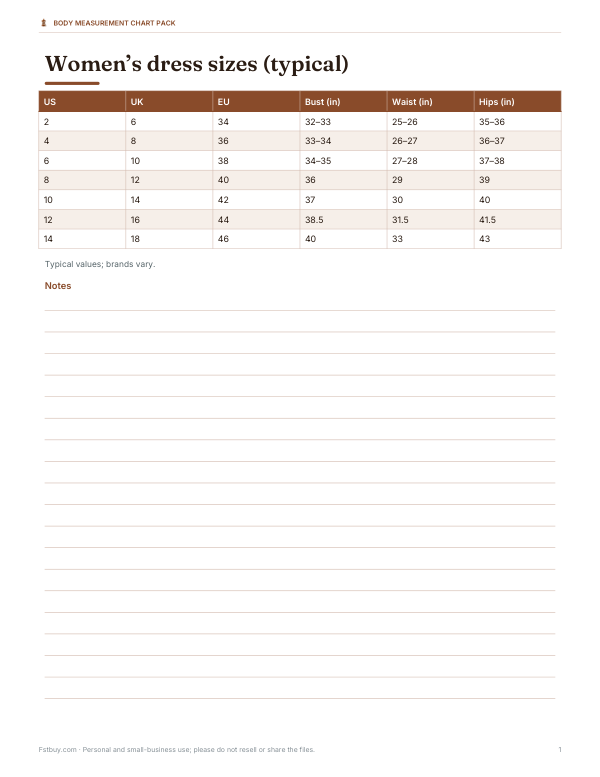 Preview of Printable Women's Dress Size Chart