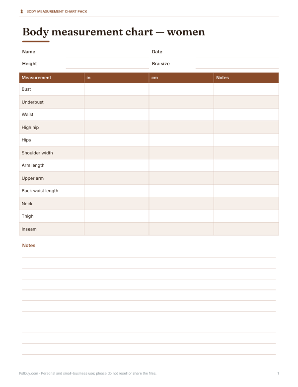 Preview of Printable Women’s Body Measurement Chart